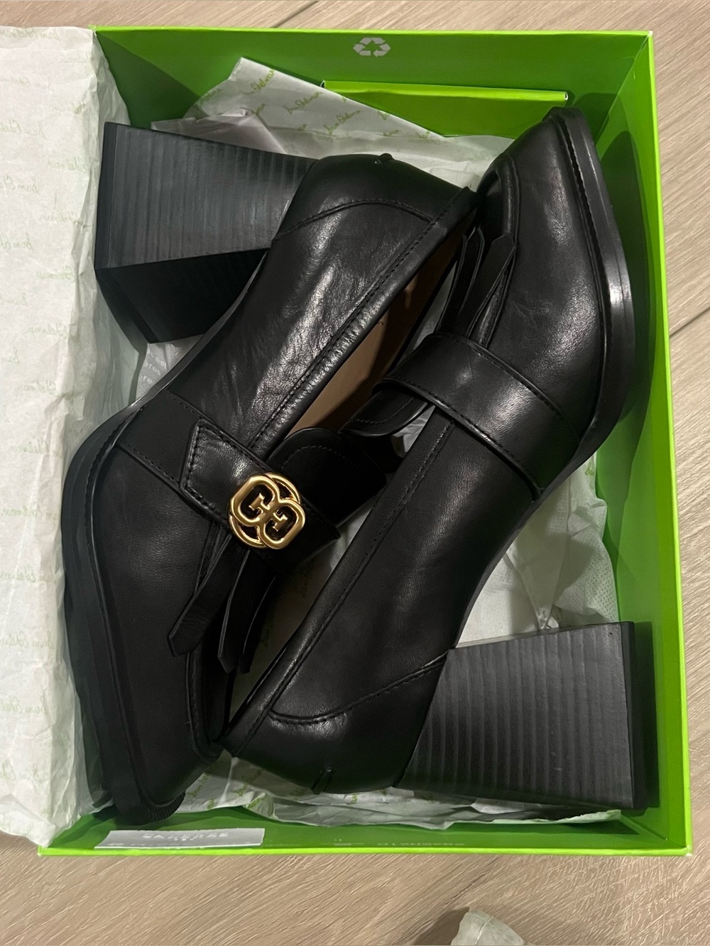 Sam Edelman Black Leather Fringe Loafer Block Heels with Gold Accent - Picture 9 of 9